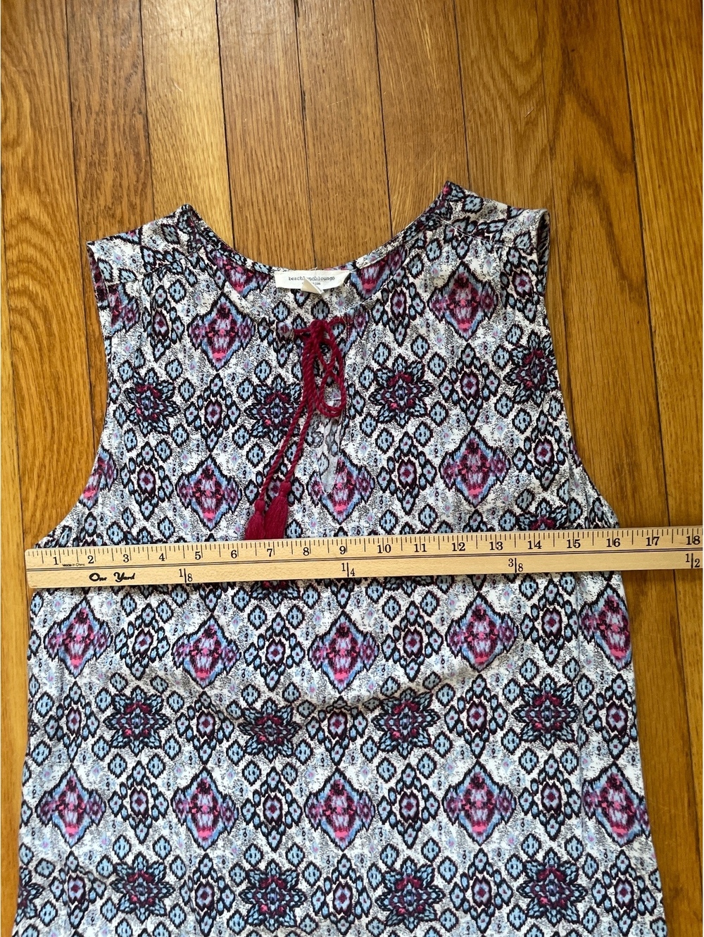 Cream Burgundy Print Shift Dress S Boho Chic Folk Tassel Festivalcore Resortwear - Picture 4 of 8